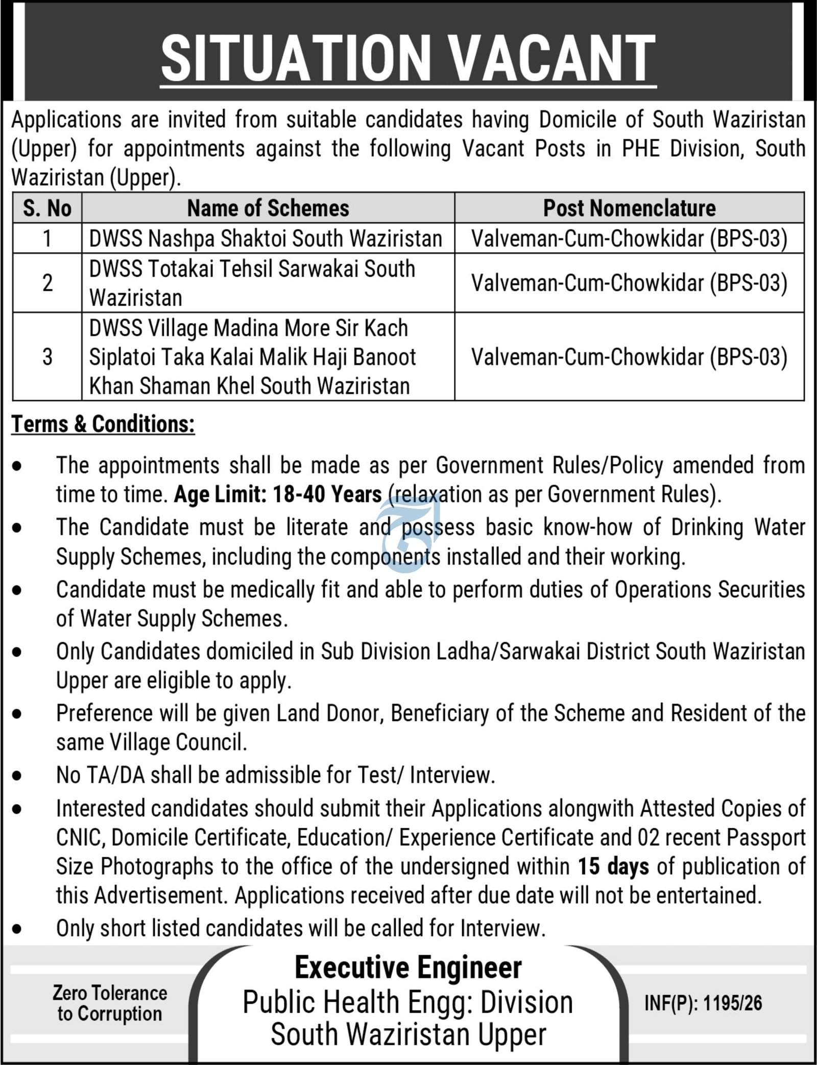 Public Health Engineering Division South Waziristan Job 2026 – Public Health Engineering Department KPK Jobs 2026 — original advertisement