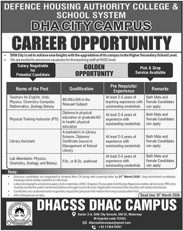 Defence Housing Authority College & School System DHACSS Job Jobs 2026 — original advertisement