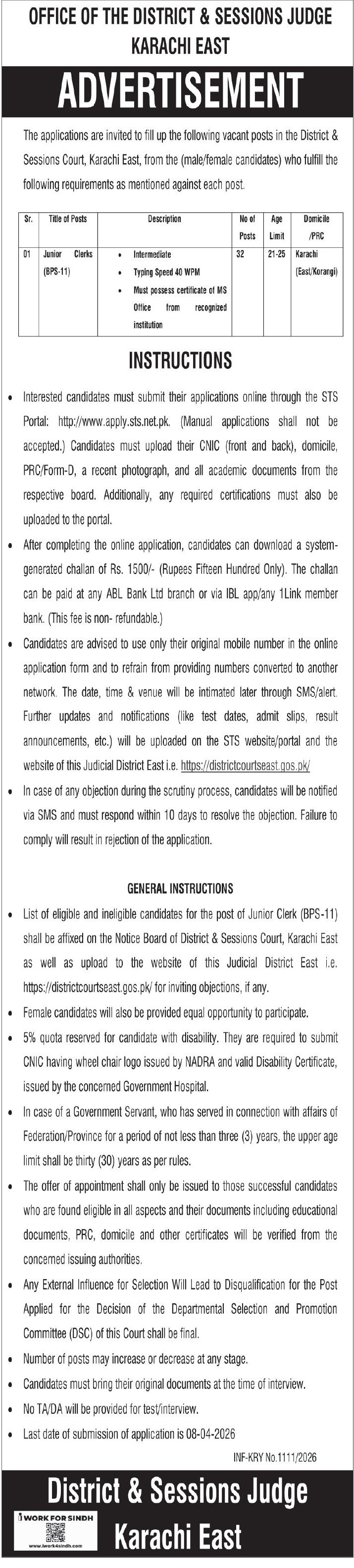 District & Session Court Karachi East Jobs 2026 – District & Session Judge Jobs 2026 — original advertisement
