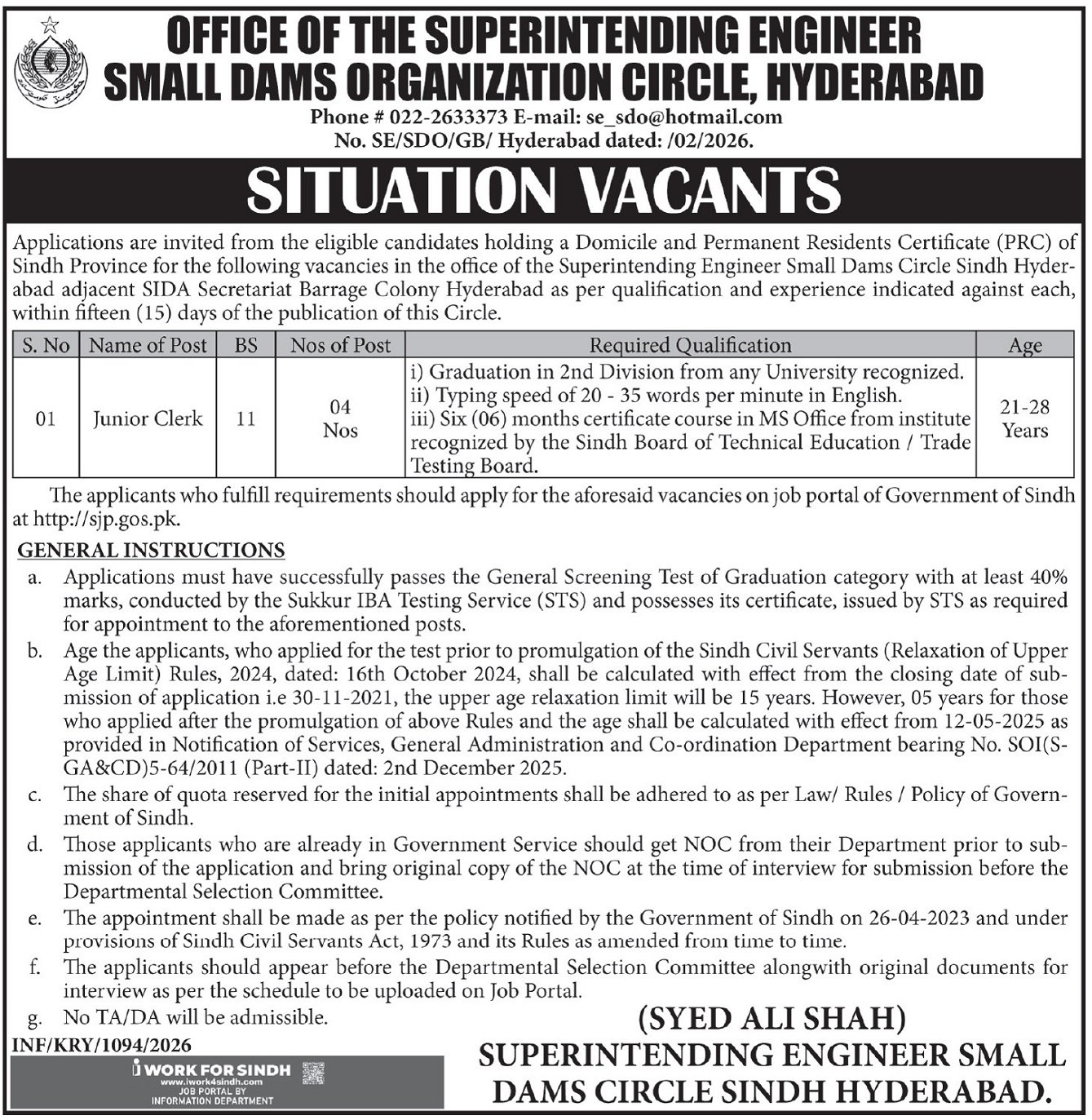 Small Dams Organization Circle Hyderabad Jobs 2026 – Irrigation Department Sindh Jobs 2026 — original advertisement