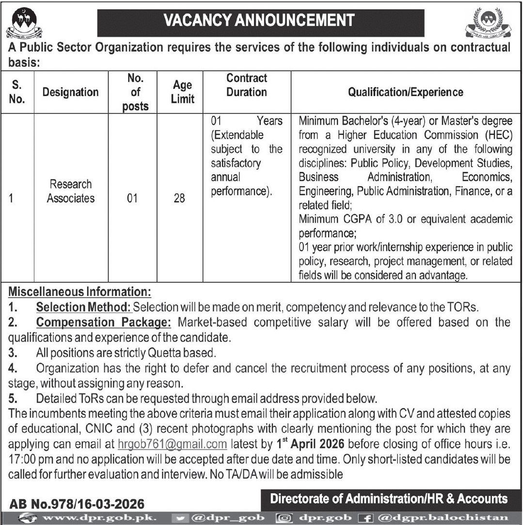 Public Sector Organization Quetta Job 2026 Jobs 2026 — original advertisement