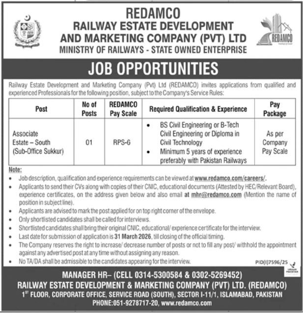 Railway Estate Development & Marketing REDAMCO Jobs 2026 – Ministry of Railways Islamabad Jobs 2026 — original advertisement