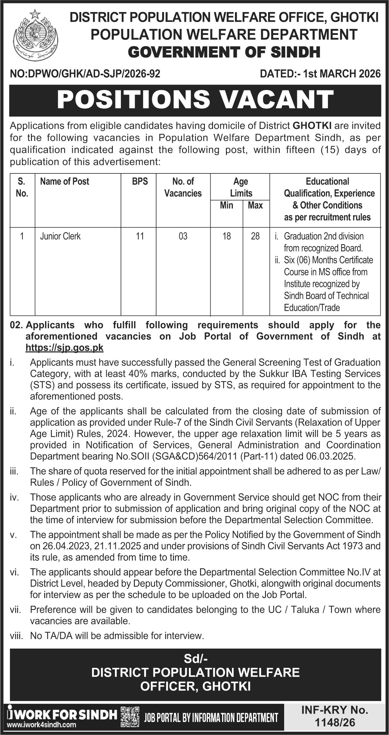 District Population Office PWD Ghotki Jobs 2026 – Population Welfare Department Sindh Jobs 2026 — original advertisement