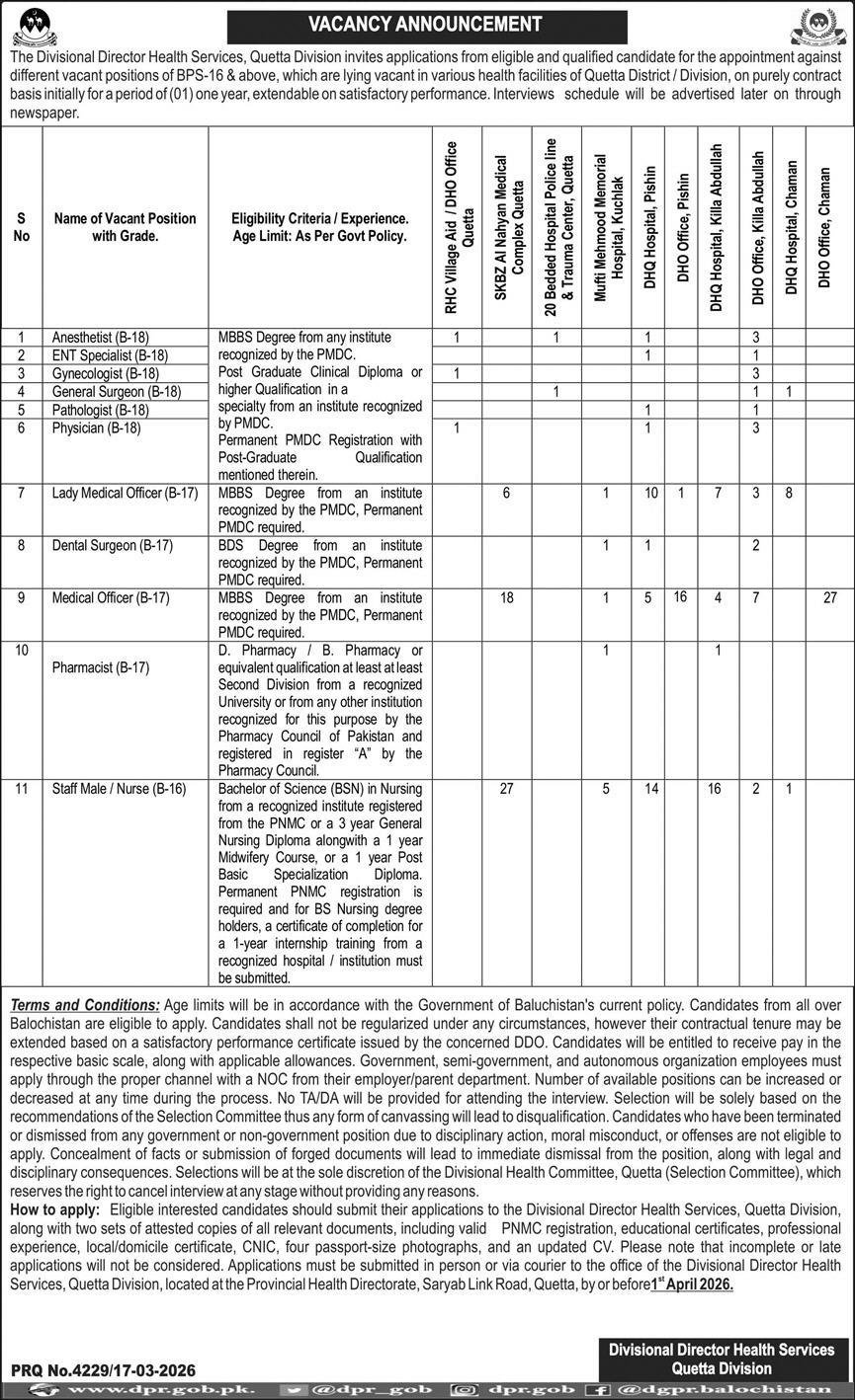 The Divisional Director Health Services, Quetta Division Job – Health Department Balochsitan Jobs 2026 — original advertisement