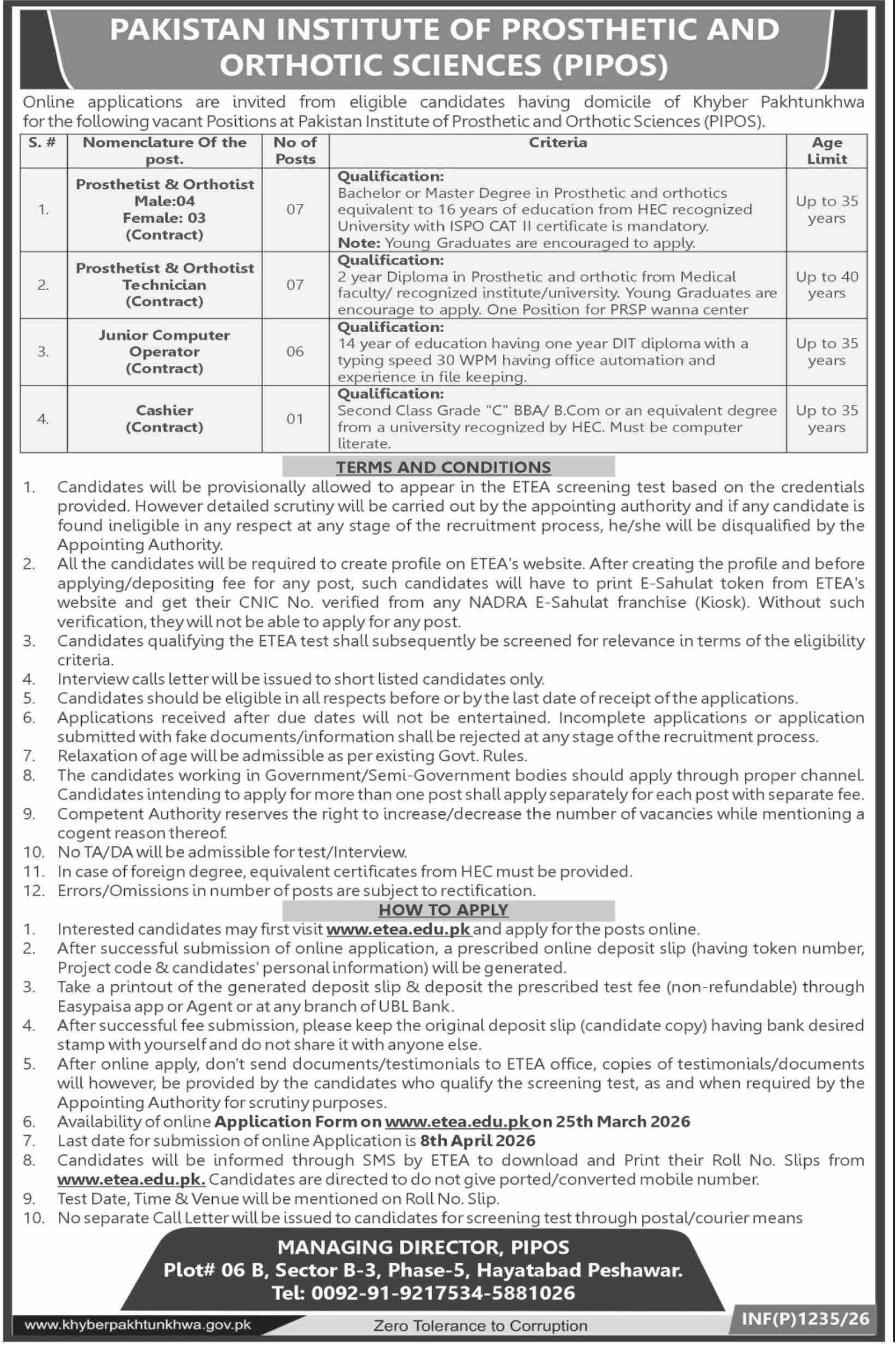 Pakistan Institute of Prosthetic and Orthotic Sciences Jobs – Pakistan Institute of Prosthetic and Orthotic Sciences Peshawar Jobs 2026 — original advertisement