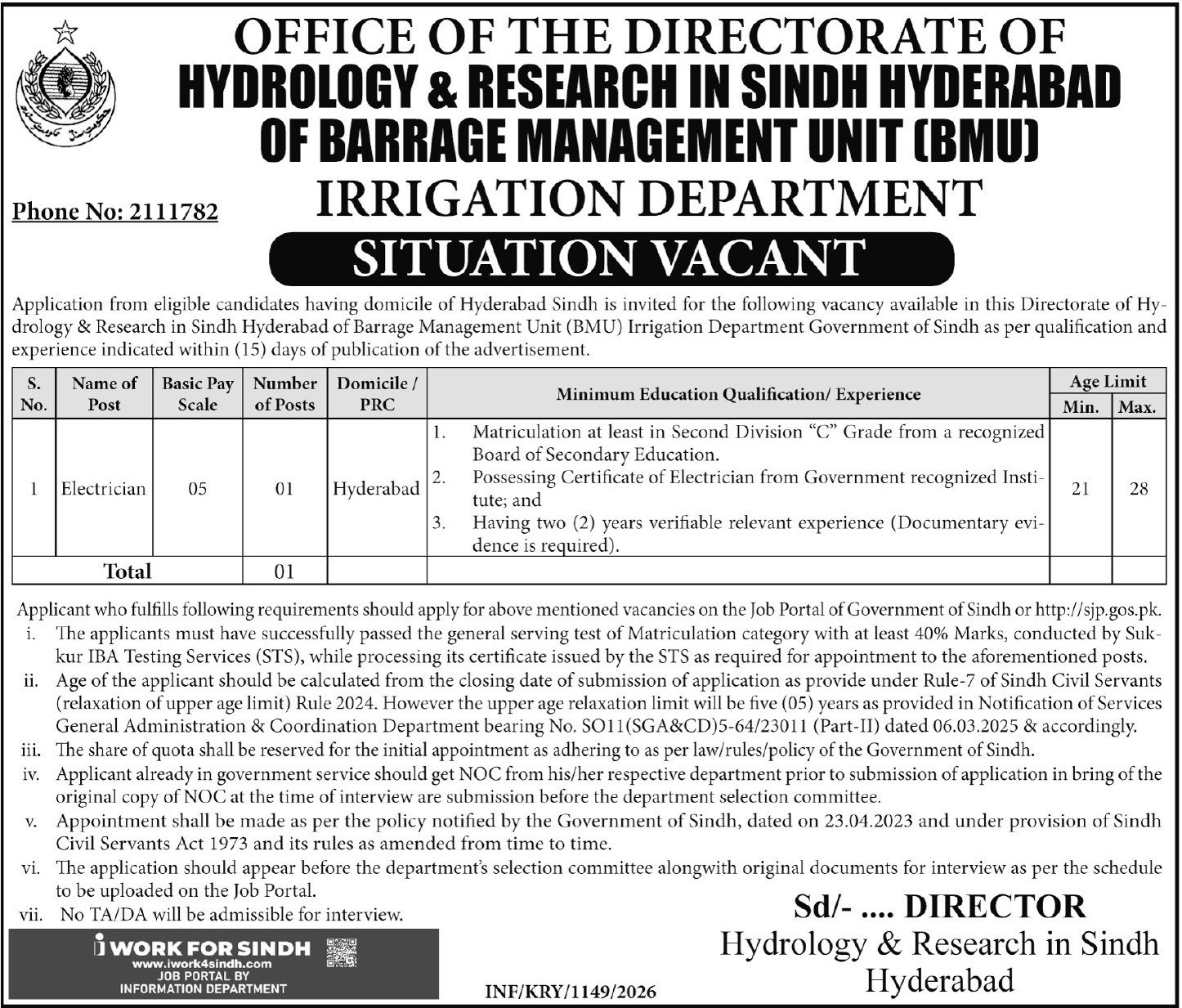 Hydrology & Research Laboratory Hyderabad Jobs 2026 – Irrigation Department Sindh Jobs 2026 — original advertisement