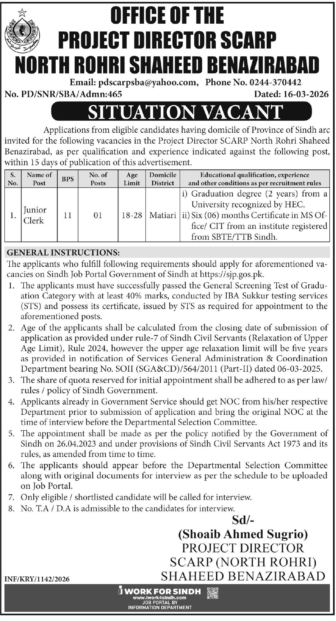 Irrigation SCARP North Rohri Shaheed Benazirabad Jobs 2026 – Irrigation Department Sindh Jobs 2026 — original advertisement