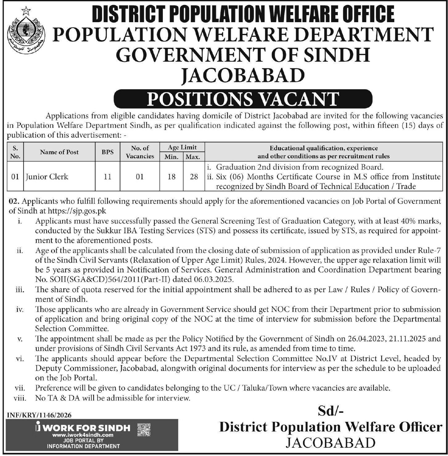 Population Welfare Department PWD Jacobabad Jobs 2026 – Population Welfare Department Sindh Jobs 2026 — original advertisement