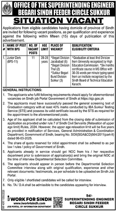 Begari Sindh Feeder Circle Sukkur Jobs 2026 Junior Clerk – Irrigation Department Sindh Jobs 2026 — original advertisement
