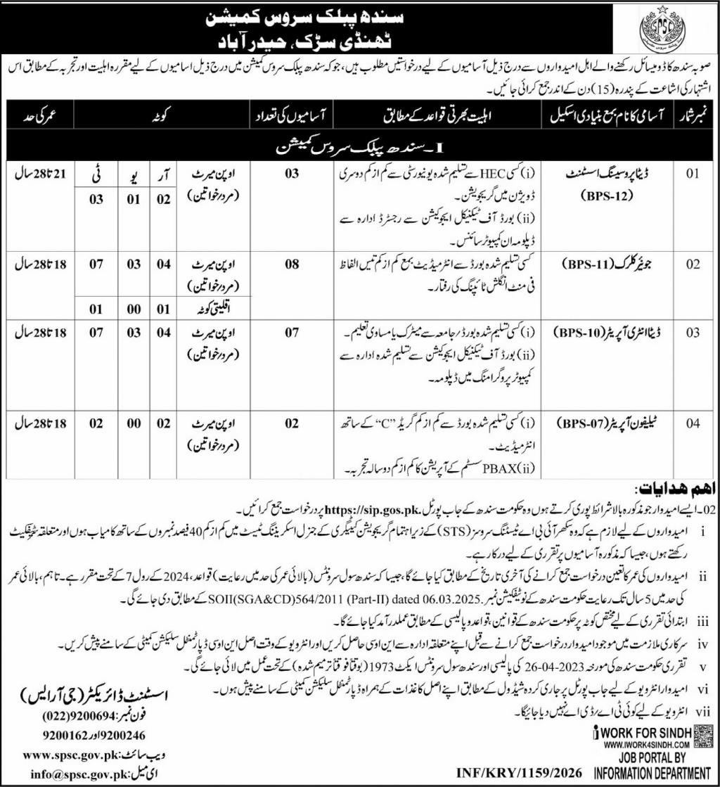 SPSC Sindh Public Service Commission Jobs 2026 – Sindh Public Service Commission at Karachi Jobs 2026 — original advertisement