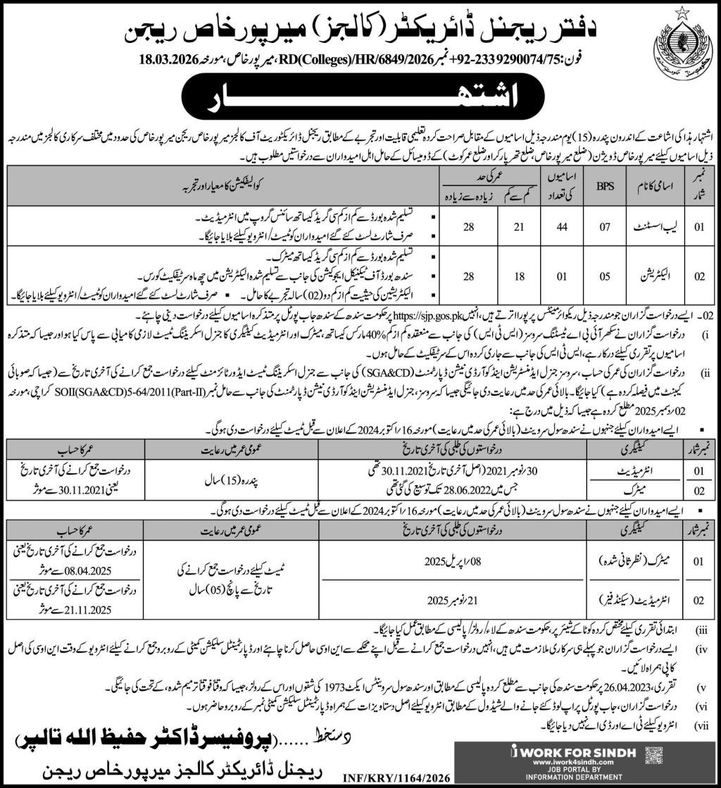 Regional Directorate Colleges Mirpur Khas Region Jobs 2026 – Regional Directorate Of College Jobs 2026 — original advertisement