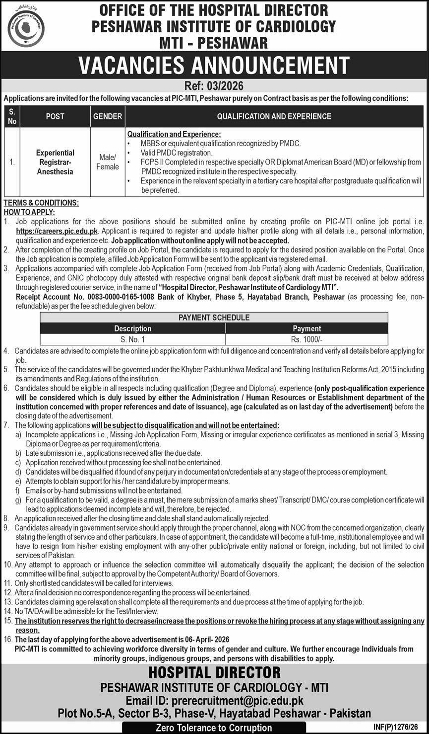 Peshawar Institute Of Cardiology PIC MTI Peshawar Jobs 2026 Jobs 2026 — original advertisement