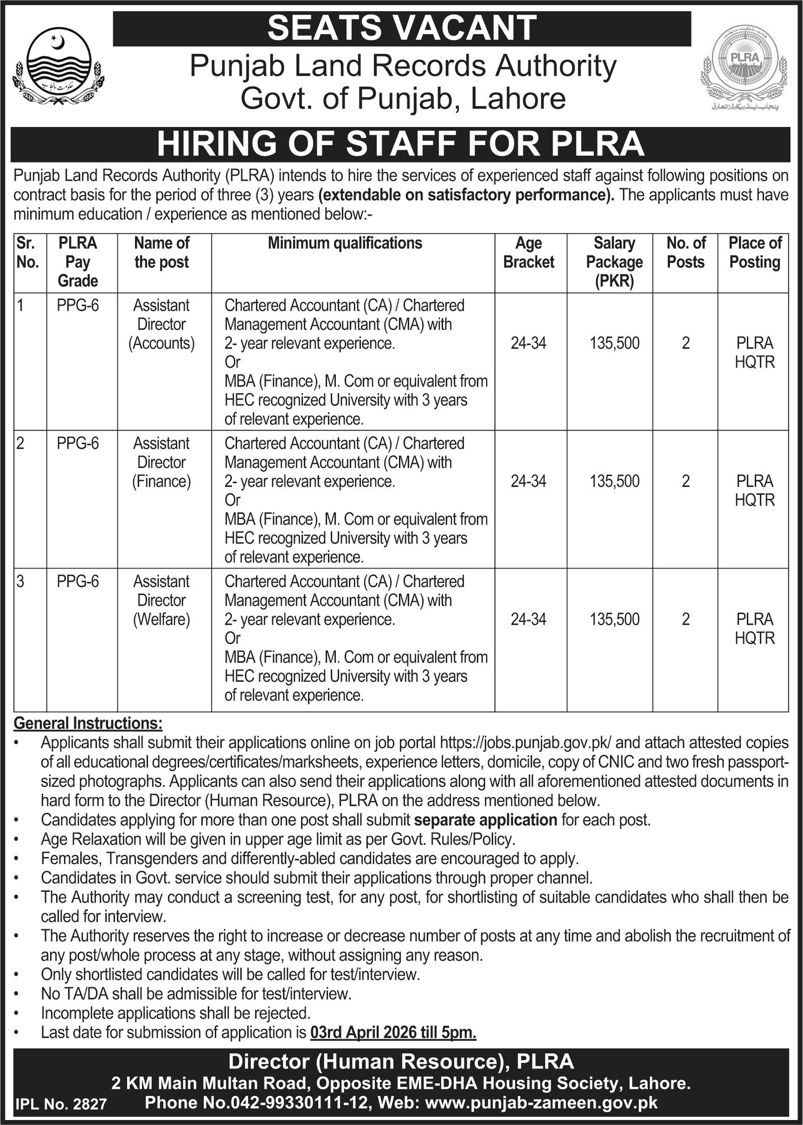 Punjab Land Records Authority PLRA Lahore Jobs 2026 Jobs 2026 — original advertisement