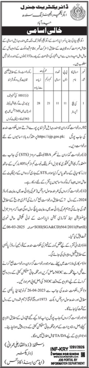 Directorate General Agriculture Karachi Jobs 2026 – Agriculture Department Sindh Jobs 2026 — original advertisement
