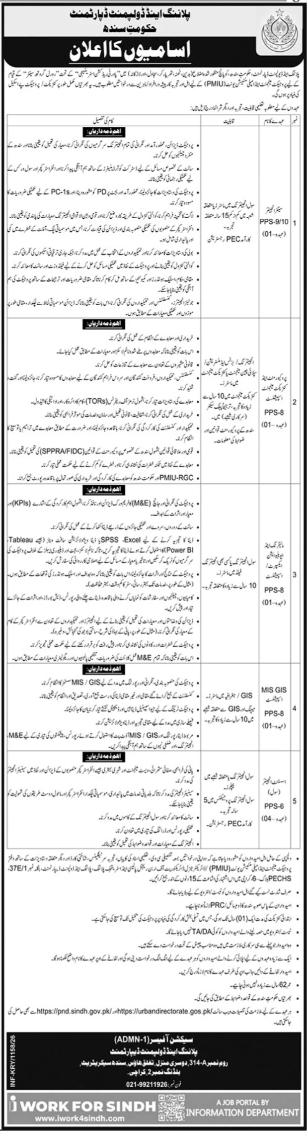 Planning and Development Department Karachi Jobs 2026 – Planning & Development Department Sindh Jobs 2026 — original advertisement