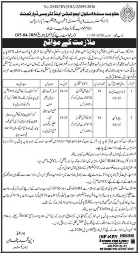 School Education & Literacy Department Nawabshah Jobs 2026 – School Education & Literacy Department Sindh Jobs 2026 — original advertisement