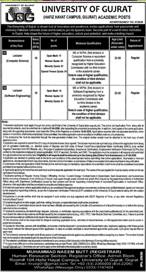 University Of Gujrat UOG Punjab Jobs 2026 Jobs 2026 — original advertisement