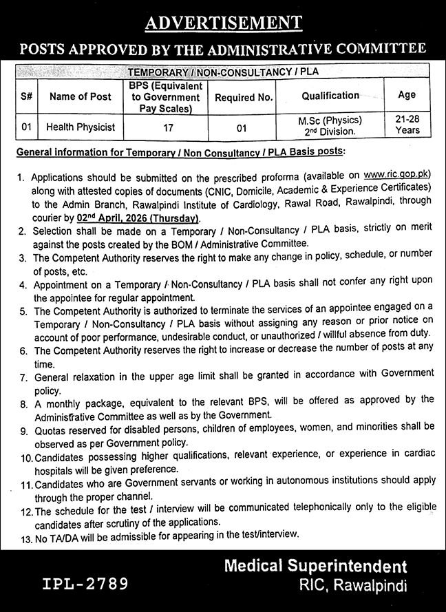 Rawalpindi Institute Of Cardiology RIC Jobs 2026 – Institute of Cardiology Dera Ghazi Khan Jobs 2026 — original advertisement