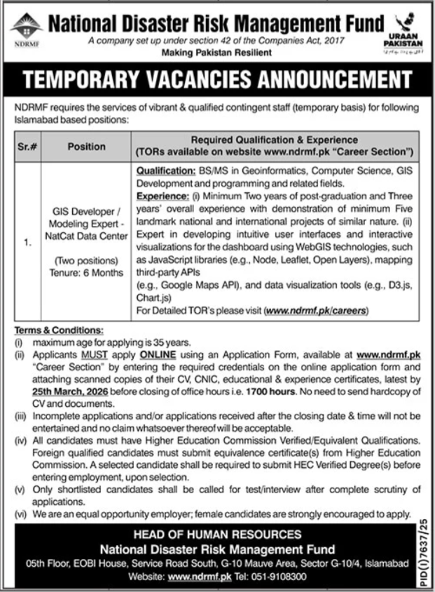 National Disaster Risk Management Fund NDRMF Islamabad Jobs – National Disaster & Risk Management Fund Jobs 2026 — original advertisement
