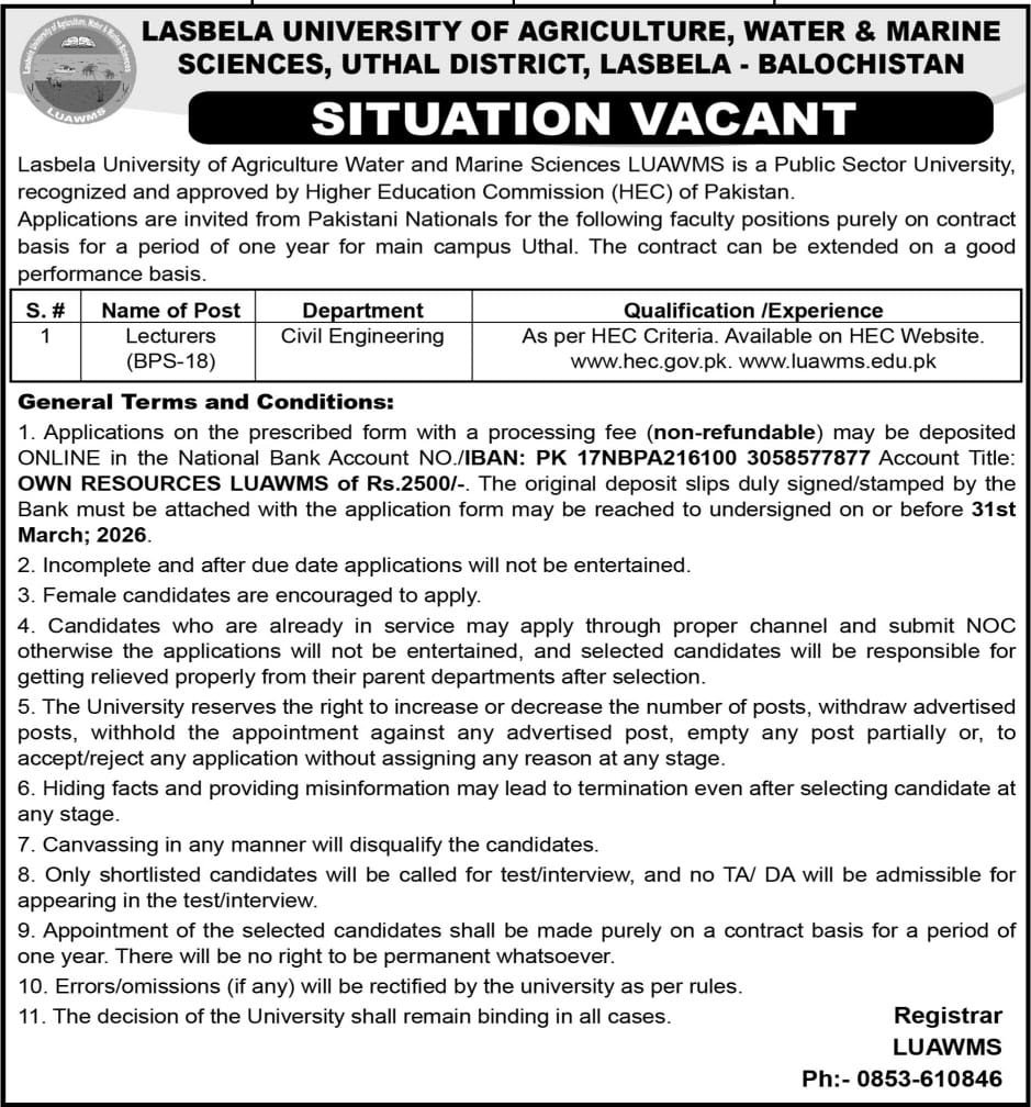 Lasbela University of Agriculture Water and Marine Jobs 2026 – Lasbela University of Agriculture, Water & Marine Sciences (LUAWMS) Uthal Jobs 2026 — original advertisement