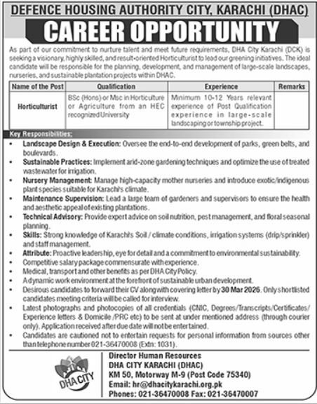 Defence Housing Authority City DHAC Karachi Jobs 2026 Jobs 2026 — original advertisement