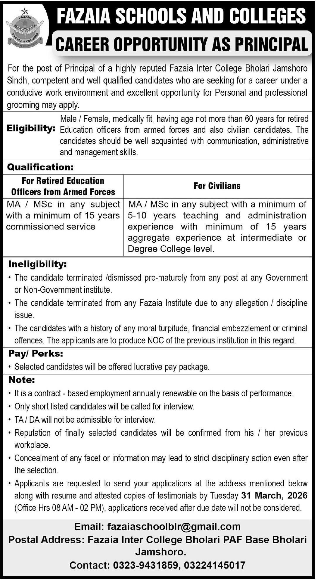 Fazaia Inter College Bholari Jamshoro Jobs 2026 – Fazaia Schools & Colleges Jobs 2026 — original advertisement