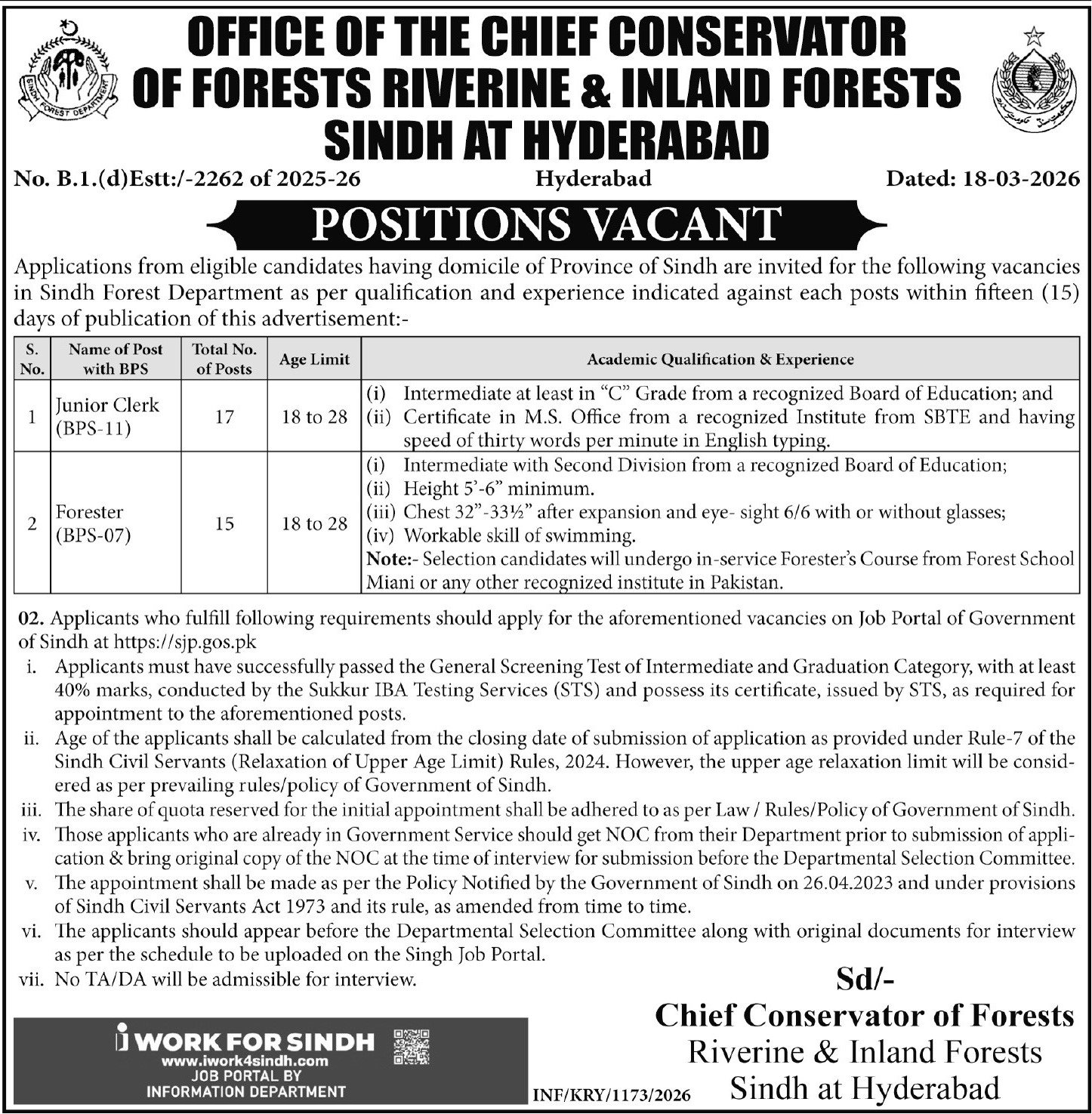 Riverine & Inland Forests Sindh At Hyderabad Jobs 2026 – Forest and Wildlife Department Balochsitan Jobs 2026 — original advertisement