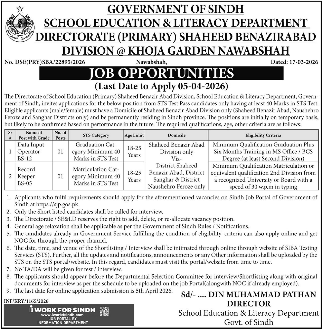 School Education & Literacy Department Nawabshah Jobs 2026 – School Education & Literacy Department Sindh Jobs 2026 — original advertisement