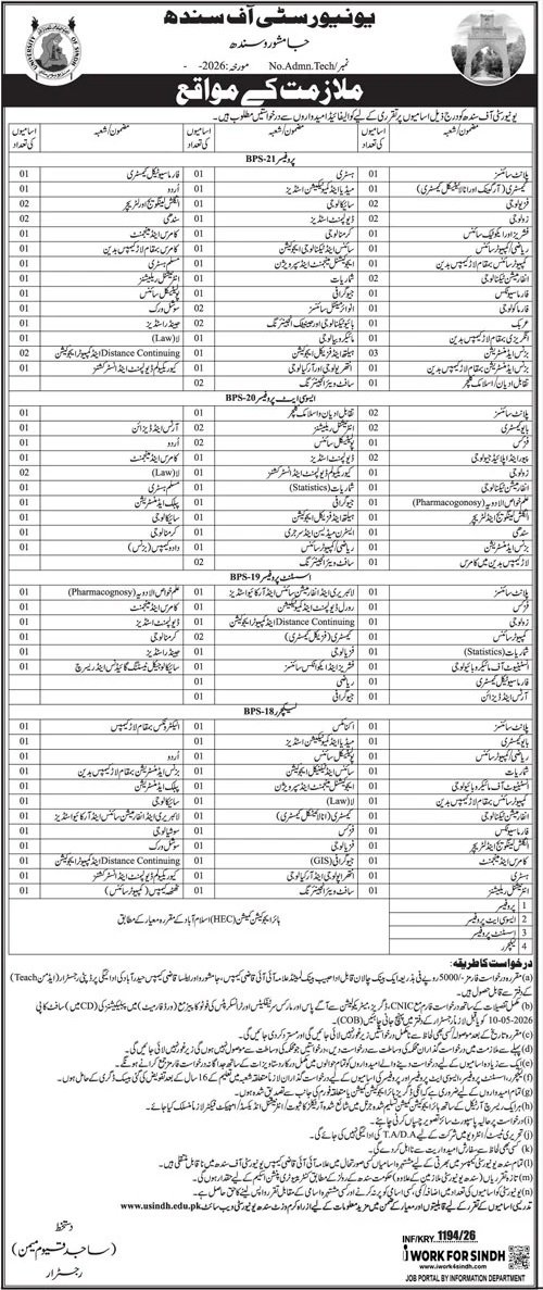 University of Sindh Jamshoro Jobs 2026 Jobs 2026 — original advertisement