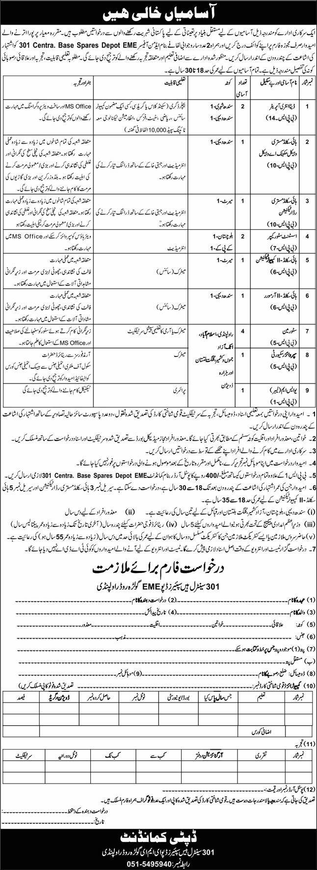 301 Central Base Spares Depot EME Jobs 2026 – Pakistan Army Jobs 2026 — original advertisement