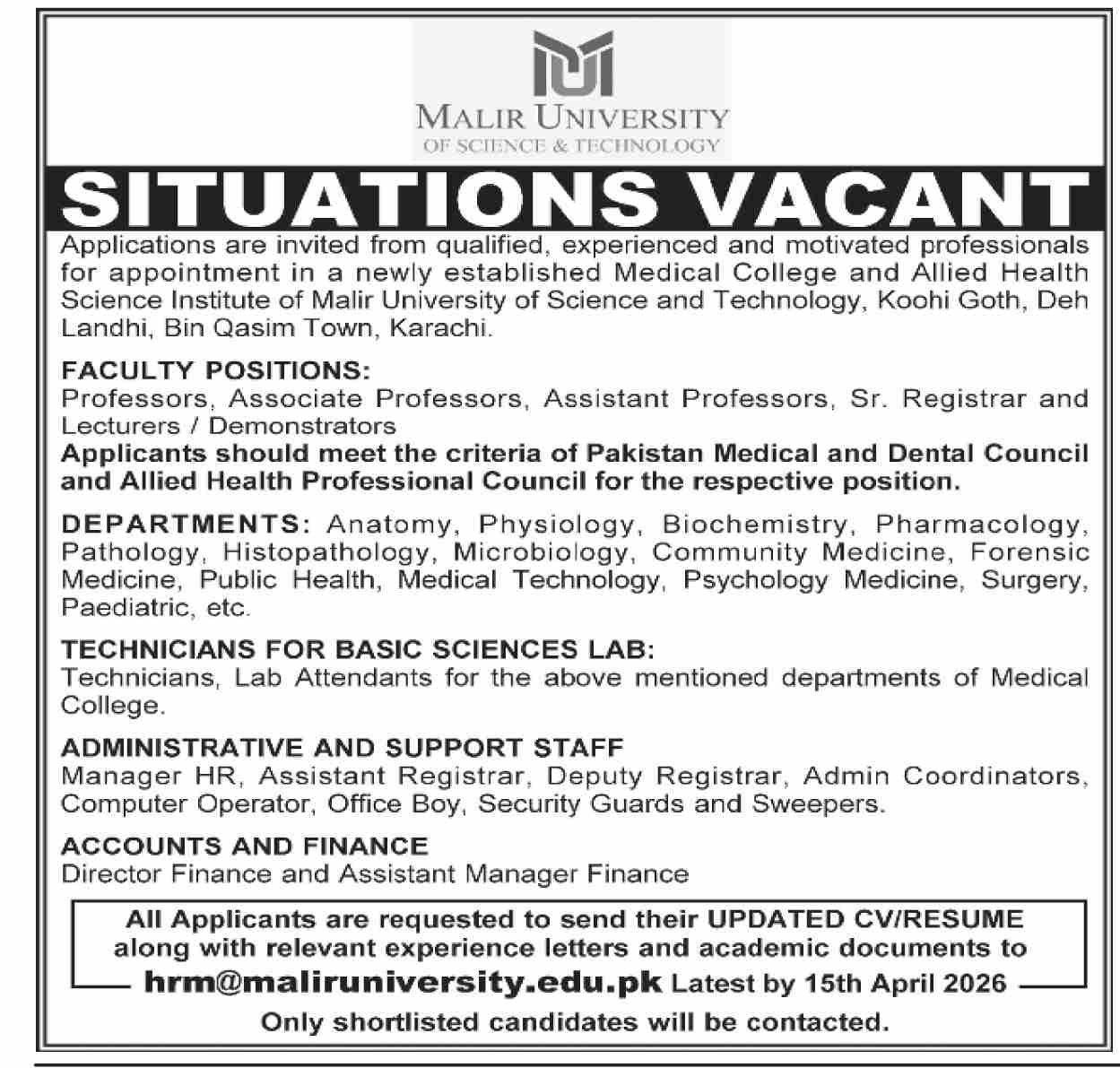 Malir University of Science And Technology Jobs 2026 – Karachi Institute Of Medical Sciences, CMH Malir Karachi Jobs 2026 — original advertisement