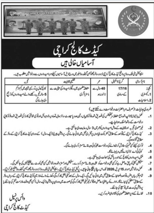 Cadet College Karachi Sindh Jobs 2026 – Hub Cadet College Karachi Jobs 2026 — original advertisement