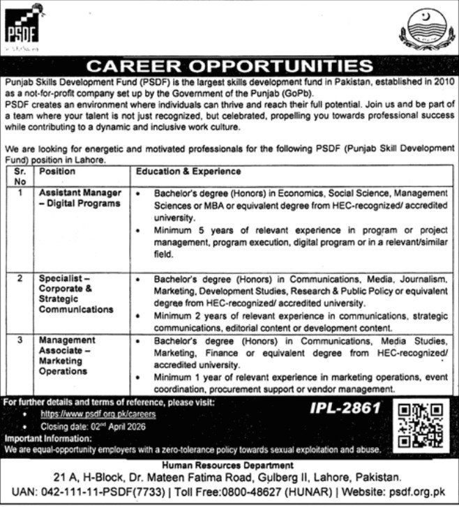Punjab Skill Development Fund PSDF Jobs 2026 – Punjab Skills Development Fund Jobs 2026 — original advertisement