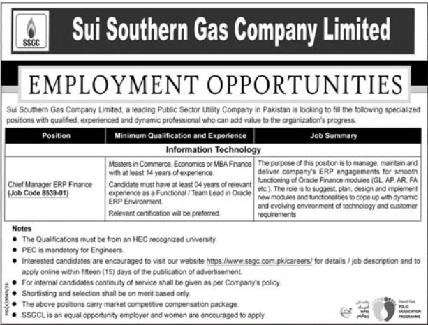 Sui Southern Gas Company Jobs 2026 For Chief Manager – Sui Southern Gas Company Limited Jobs 2026 — original advertisement