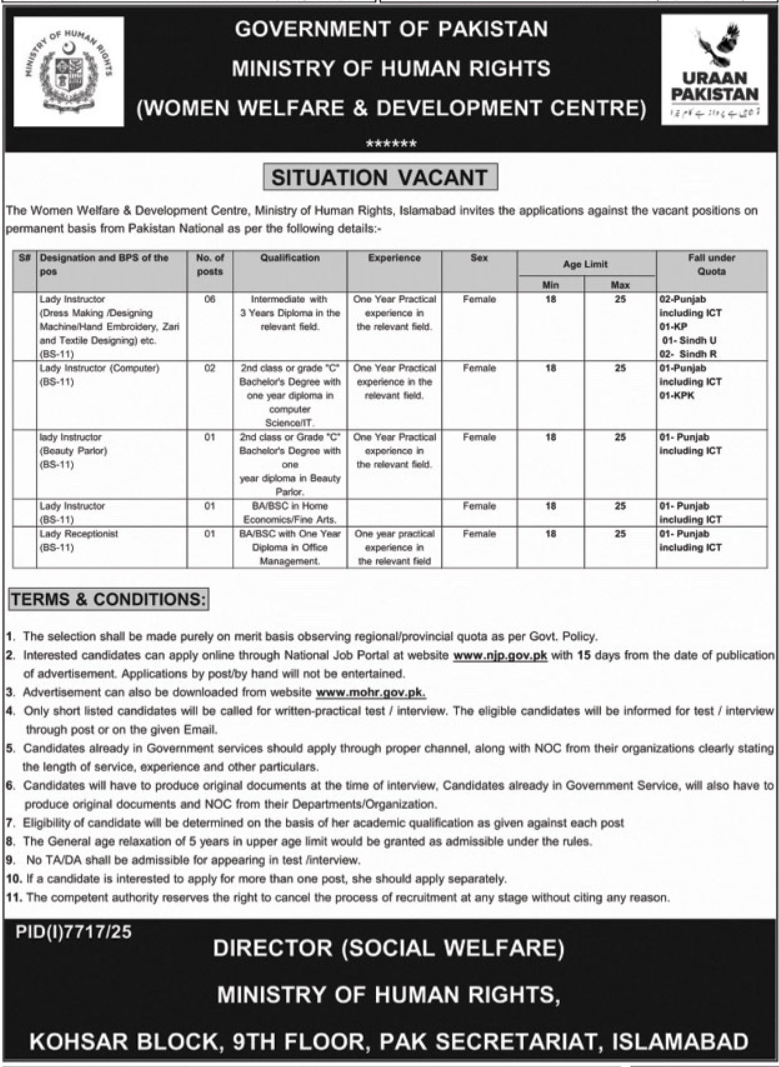 Women Welfare & Development Centre Islamabad Jobs 2026 – Ministry of Human Rights Jobs 2026 — original advertisement