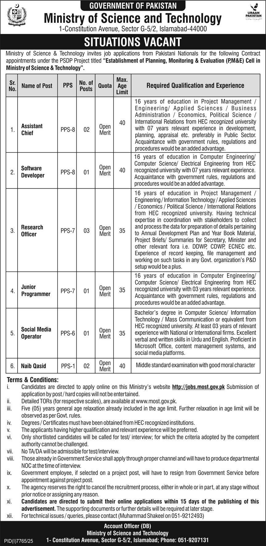 Ministry Of Science & Technology MOST Islamabad Jobs 2026 – Ministry of Science & Technology Islamabad Jobs 2026 — original advertisement