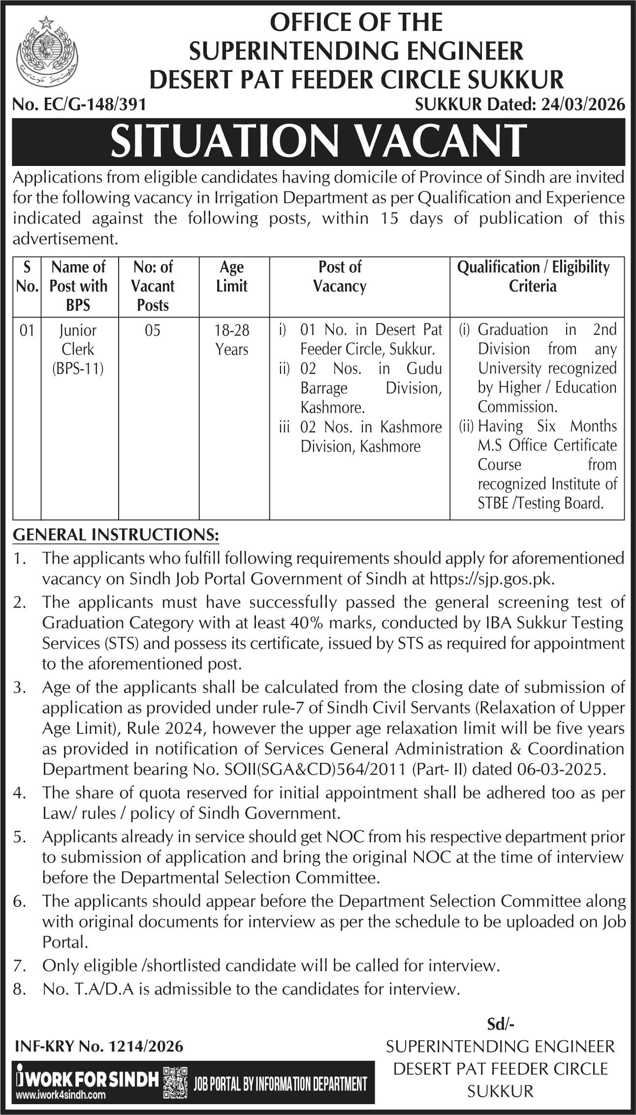 Irrigation Department Desert Pat Feeder Circle Sukkur Jobs – Irrigation Department Sindh Jobs 2026 — original advertisement