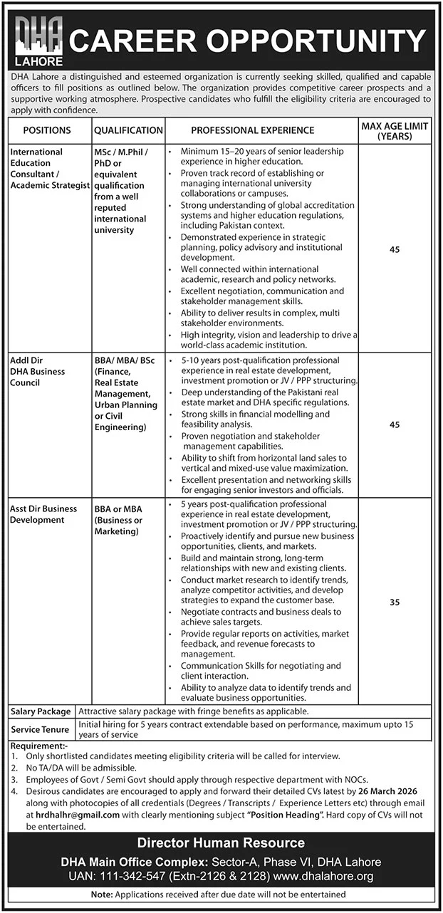 Defence Housing Authority DHA Lahore Jobs 2026 Jobs 2026 — original advertisement