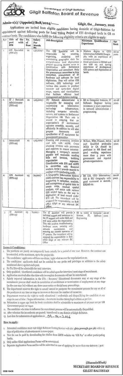 Gilgit Baltistan Board Of Revenue GBBOR Jobs 2026 – Government of Gilgit-Baltistan Jobs 2026 — original advertisement