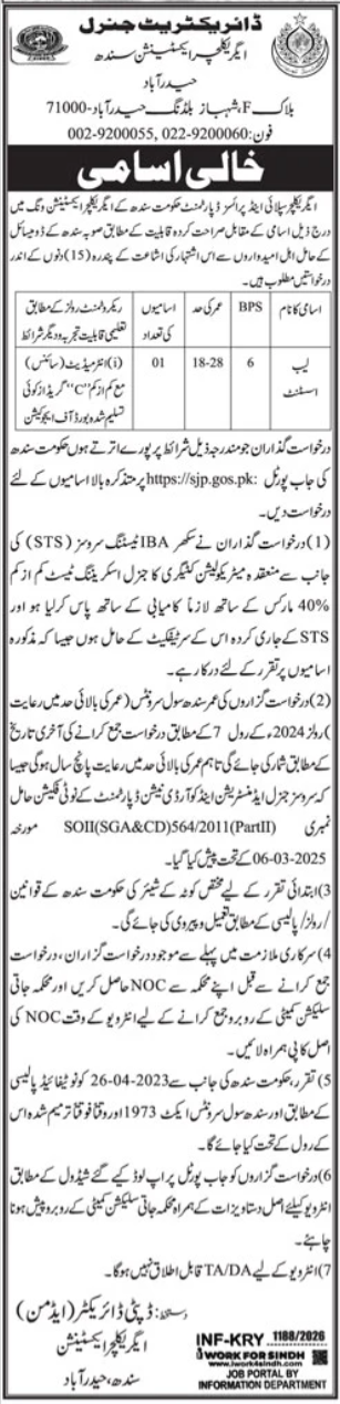 Agriculture Extension Sindh Hyderabad Job 2026 – Agriculture Department Sindh Jobs 2026 — original advertisement