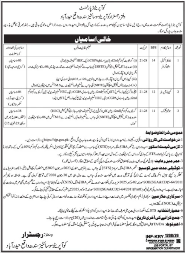 Cooperative Society Department Hyderabad Jobs 2026 – Cooperative Department Sindh Jobs 2026 — original advertisement