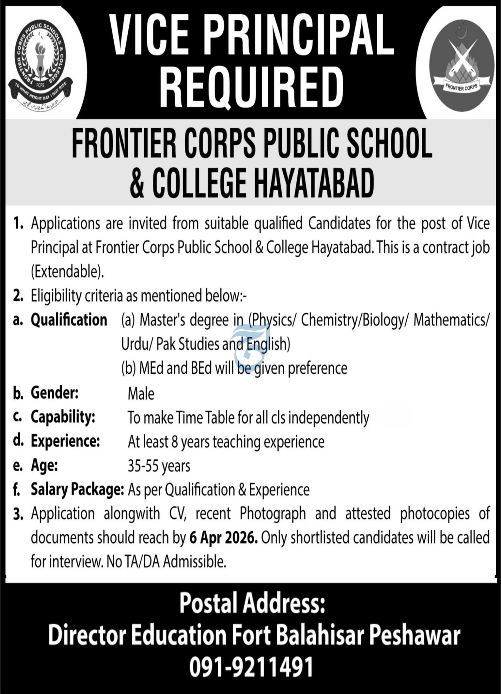 Frontier Corps Public School & College Peshawar Jobs 2026 – Frontier Corps Kpk Jobs 2026 — original advertisement