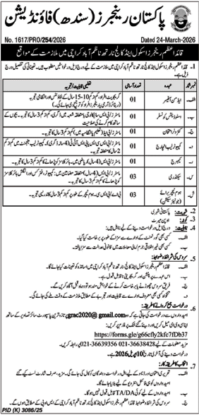 Quaid E Azam Rangers School & College Karachi Jobs 2026 – Sindh Rangers Jobs 2026 — original advertisement