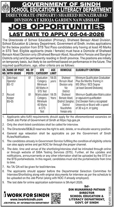 School Education & Literacy Department Nawabshah Jobs 2026 – School Education & Literacy Department Sindh Jobs 2026 — original advertisement