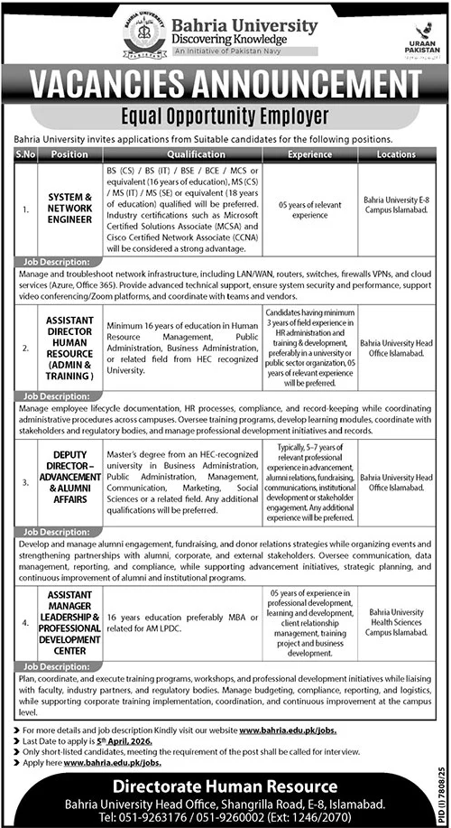 Bahria University Islamabad Jobs 2026 – Bharia University Karachi Jobs 2026 — original advertisement