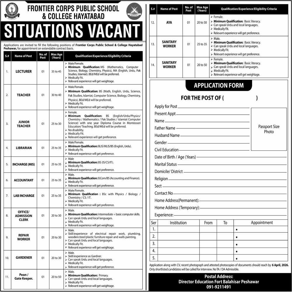 Frontier Corps Public School & College Peshawar Jobs 2026 – Frontier Corps Kpk Jobs 2026 — original advertisement