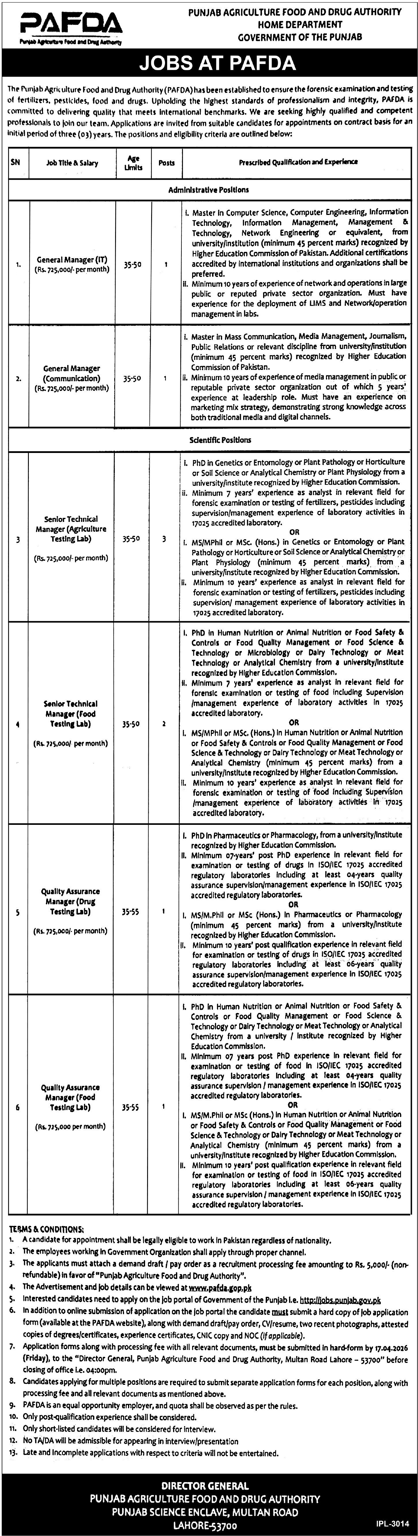 Punjab Agriculture Food & Drug Authority PAFDA Jobs 2026 – Punjab Agriculture Research Board (PARB) Jobs 2026 — original advertisement