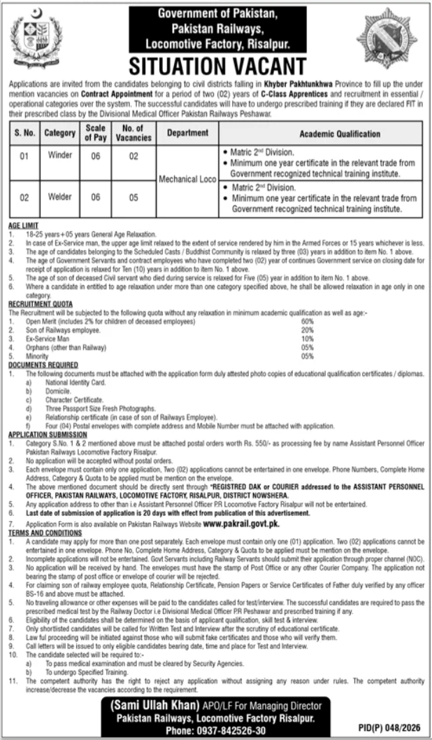 Pakistan Railways Risalpur Jobs 2026 – Ministry of Railways Islamabad Jobs 2026 — original advertisement