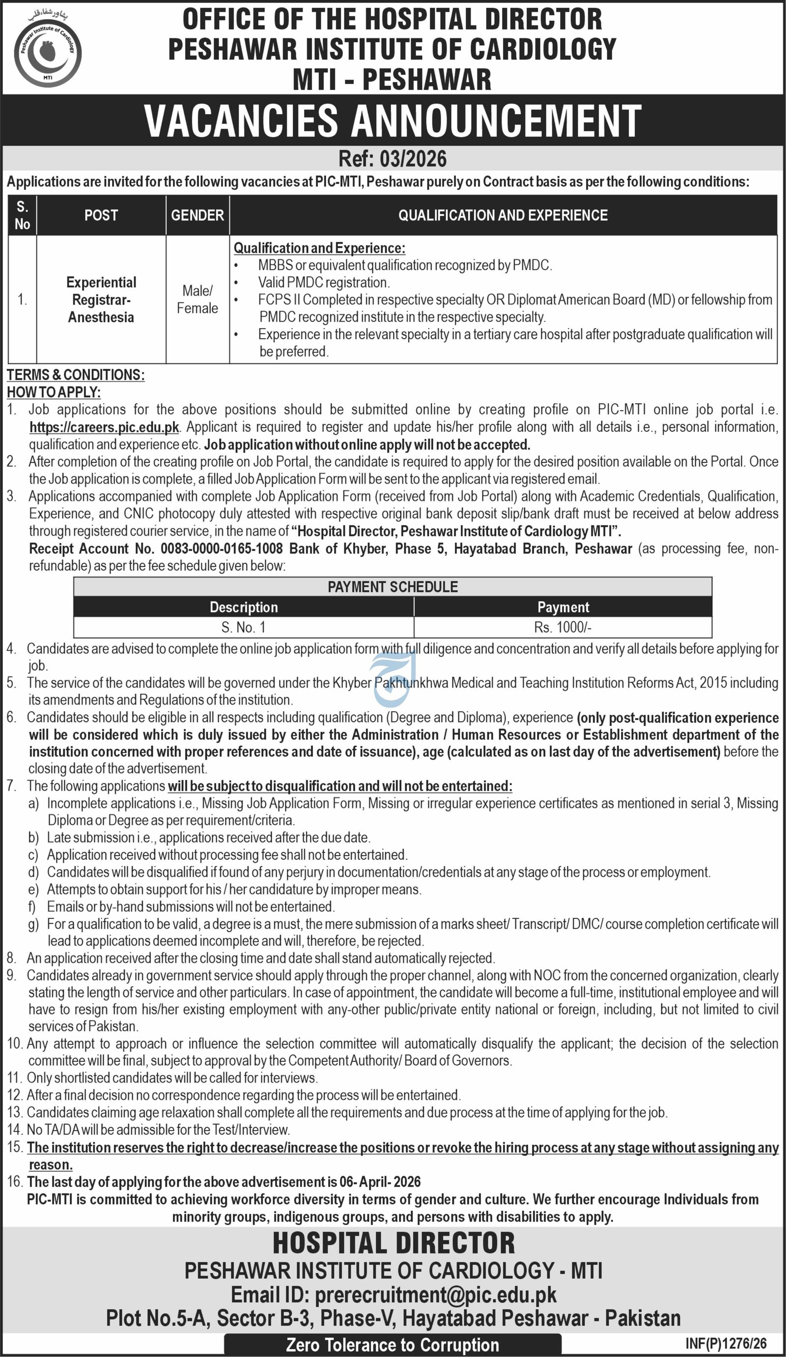 Peshawar Institute Of Cardiology Jobs 2026 For Registrar Jobs 2026 — original advertisement