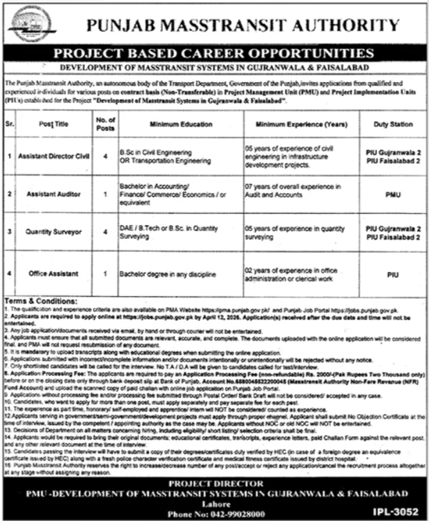 Punjab Masstransit Authority PMA Lahore Job 2026 Jobs 2026 — original advertisement